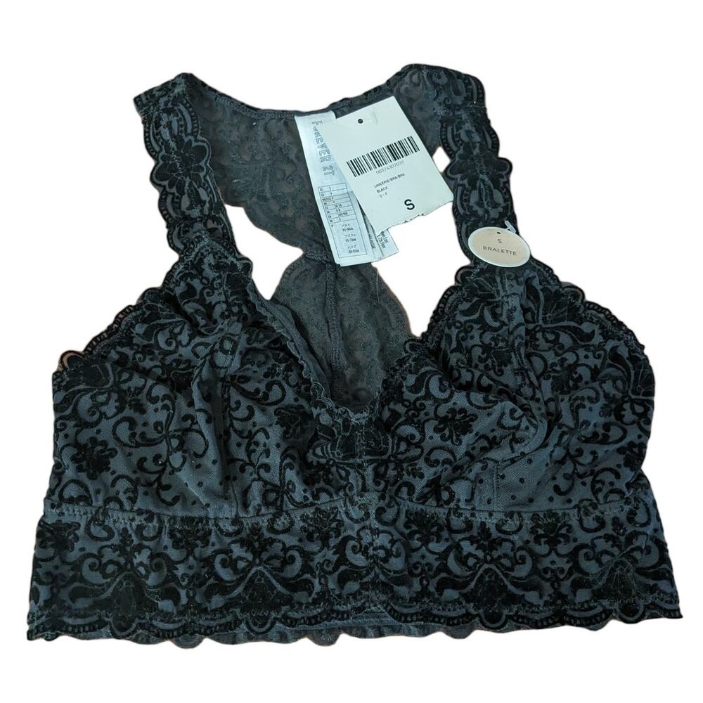 Forever21 Bralette Small Black Velour Accent Lingerie Racerback Intimate Printed